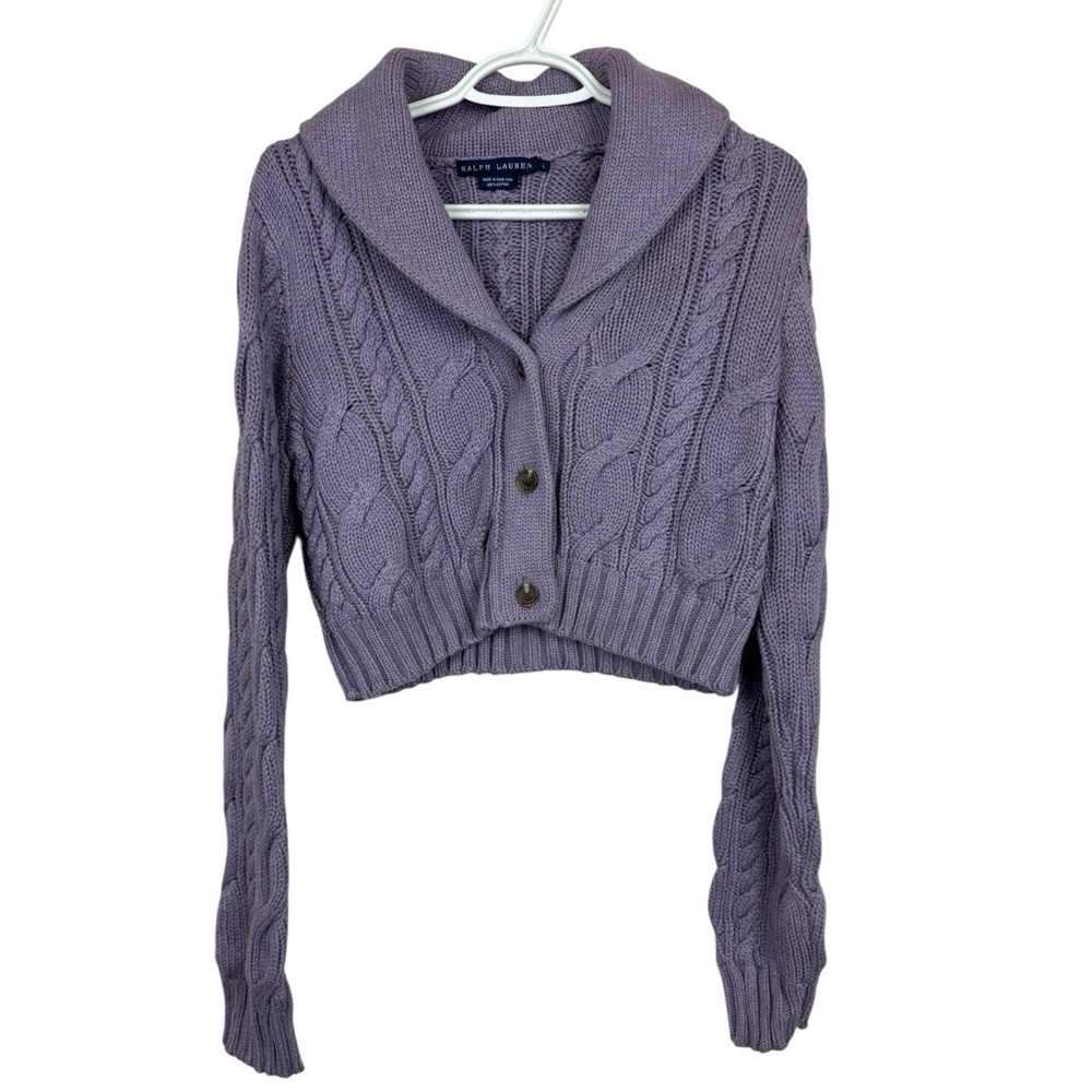 Ralph Lauren Cropped Cable Knit Cardigan Sweater Size L purple